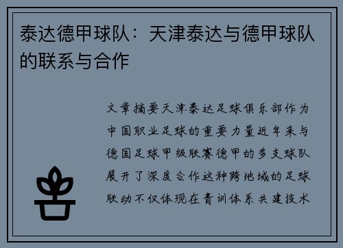 泰达德甲球队：天津泰达与德甲球队的联系与合作